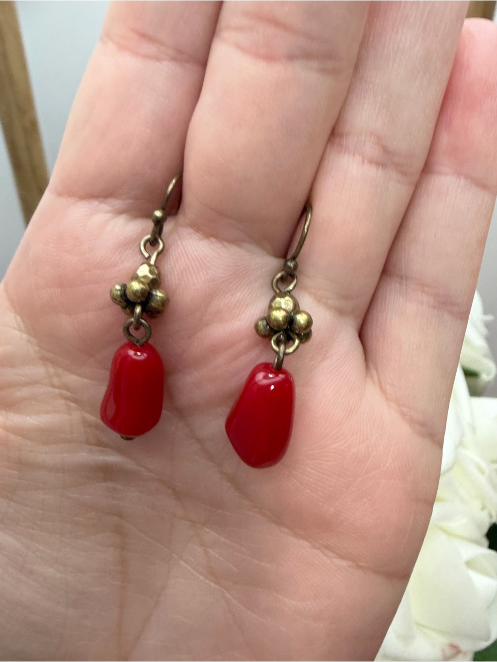 Vintage-Style Red Bead Drop Earrings - Brass Accents